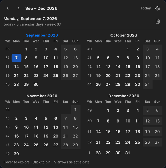 CalNav in dark mode with Monday as the first day of the week and week numbers shown