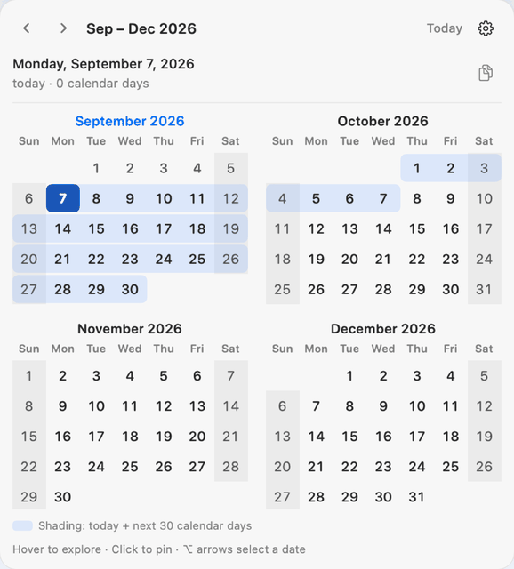CalNav showing four months, September to December 2026, with today marked in blue and the next 30 days shaded